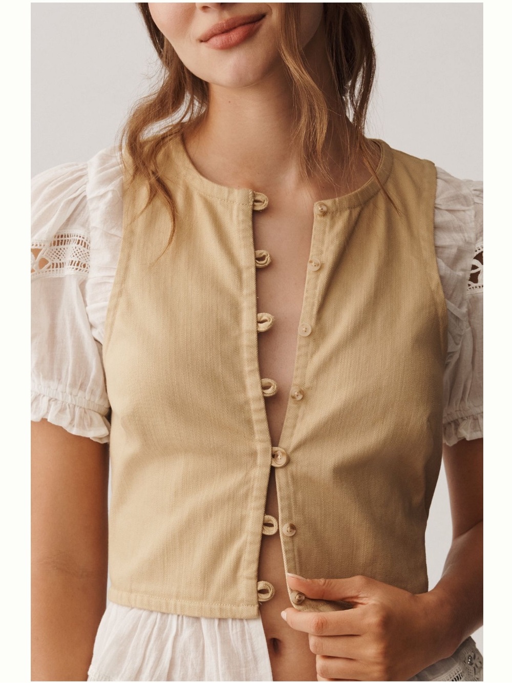 Anthropologie Beige Button-Front, Eyelets Puff Sleeve Top - Picture 2 of 8